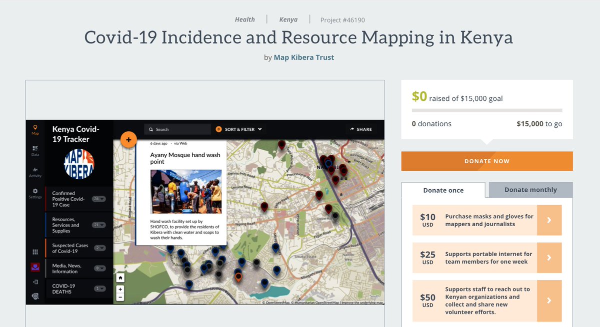 mapkibera's tweet photo. We’re trying something old and new: raising funds through @GlobalGiving for our #COVID19 response! Please consider donating! Covid-19 Incidence and Resource Mapping in Kenya on https://t.co/aD1h4soDrq #Coronavirus #covidmapping #covidkenya @ushahidi https://t.co/FgBCgFayjx