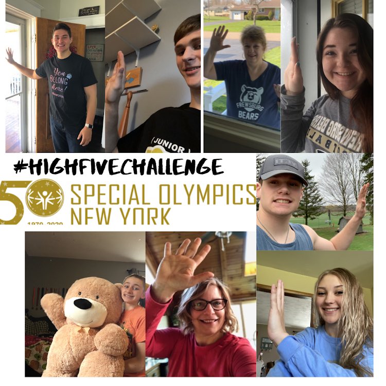 FcsUnified's tweet photo. A little late, but Frewsburg wanted to show we are still together even though we are apart from each other with the week 1 #virtualhighfivechallenge #choosetoinclude @SpecOlympicsNY @UnifiedSportsNY @FCSBears https://t.co/mWBZL45LKc