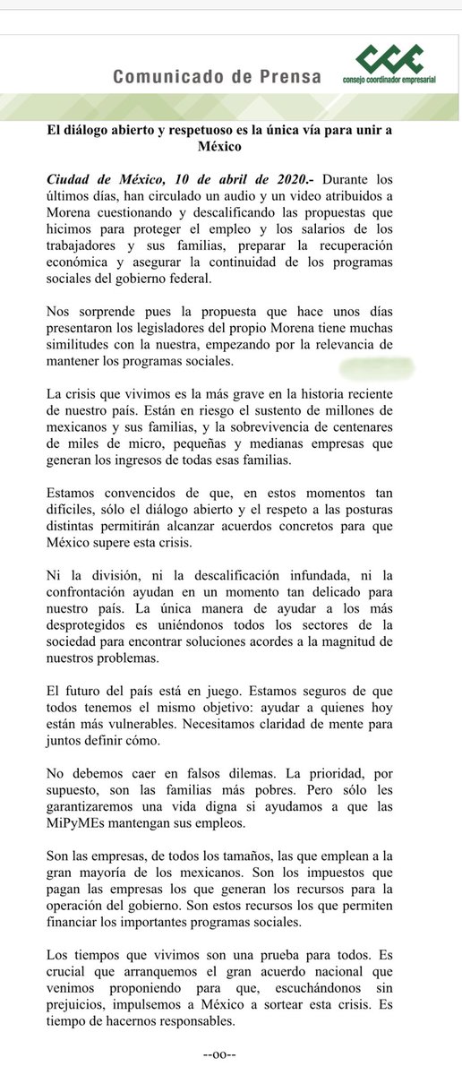 Ell Presidente <a href="/lopezobrador_/">Andrés Manuel</a> inició una estrategia de estigmatización de las grandes empresas, para responsabilizarlas de la falta de apoyos públicos a las  microempresas. No logrará dividirnos.  Grandes y chicas, respaldamos las propuestas del <a href="/cceoficialmx/">Consejo Coordinador Empresarial CCE</a> frente a la crisis.