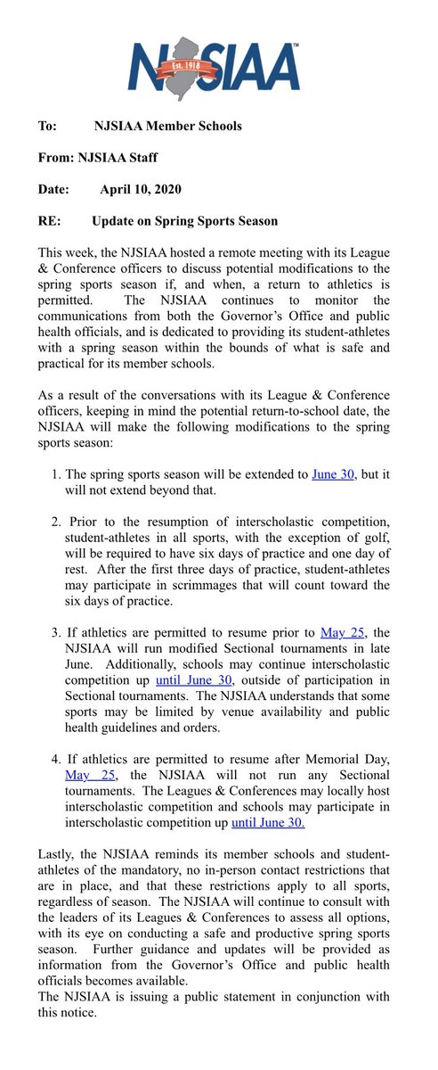 Attached please find a memo regarding the status of the spring sports season from the NJSIAA. We will continue to provide updates as more information regarding the status of the spring sports season and school year come from the NJSIAA and the Governor's Office. Stay safe!