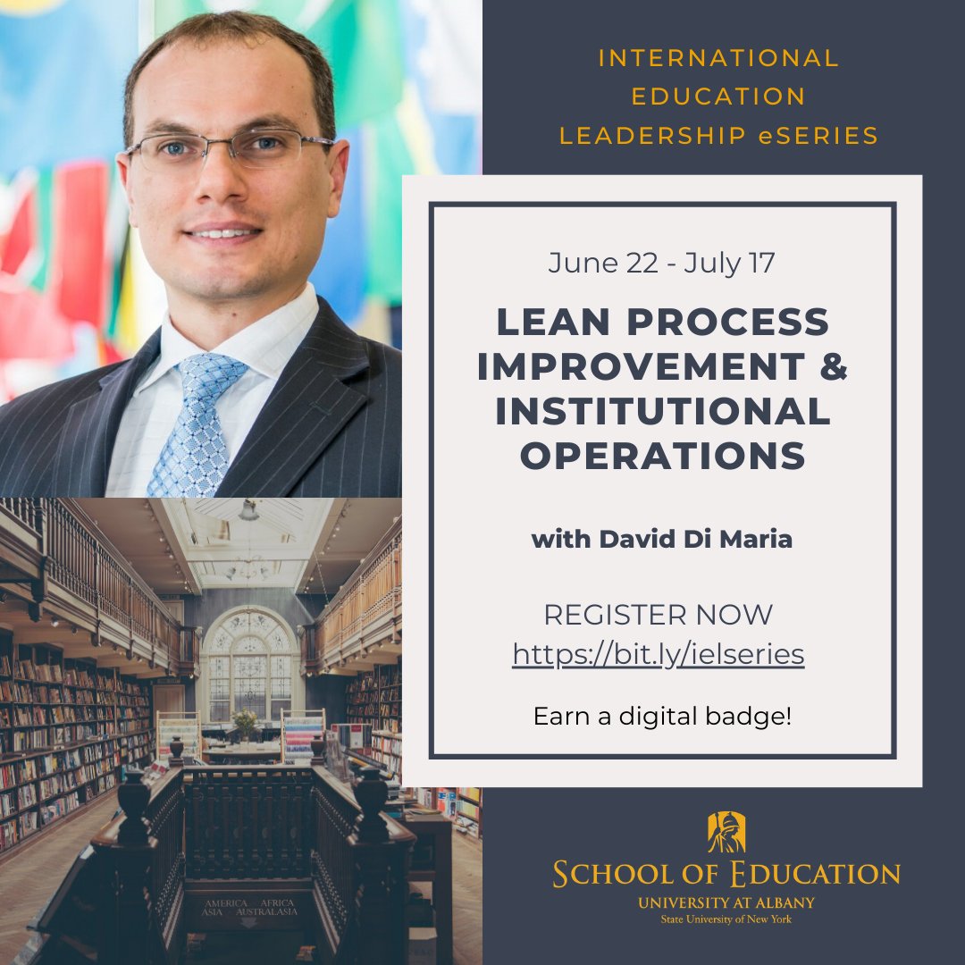 mitchlev's tweet image. Join us @UAlbanyEdu  for "Lean Process Improvement &amp;amp; Institutional Operations"- essential skills for all HE and Intl Ed leaders. 4-wk, online, badged, June 22 – July 17. Taught by David Di Maria, distinguished  IE leader. More &amp;gt;&amp;gt; tinyurl.com/wvvn5bp @UAlbany @EPL_UAlbany