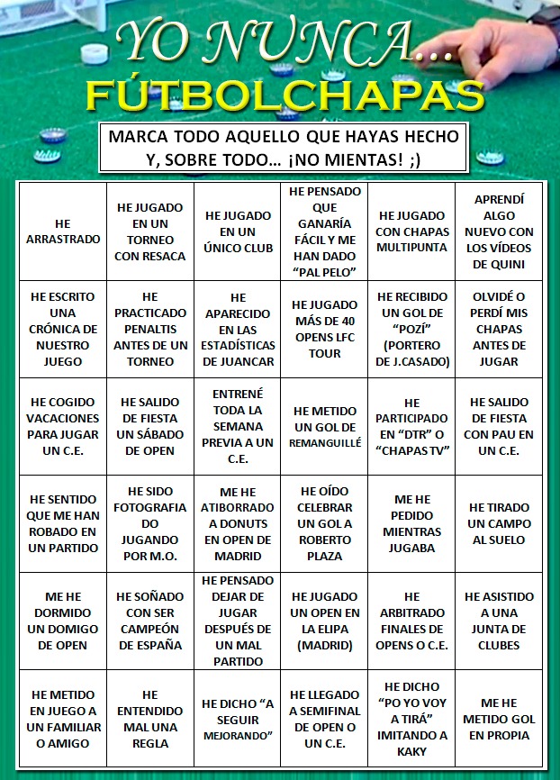 Amig@s, os traemos un divertido Bingo "Yo nunca" (ahora de moda en las RRSS) edición FutbolChapas ⚽👌😂 A ver cuantas casillas marcáis!! 😉 #FutbolChapas