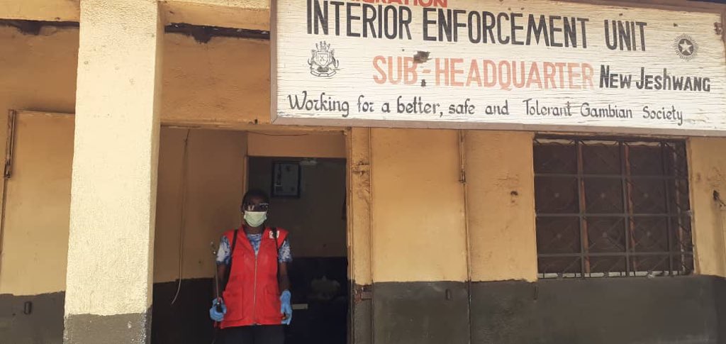 kmredcross's tweet photo. One of the most effective ways to fight the spread of the #COVID_19 is disinfect places and highly touched surfaces. 
@GambiaRedCross through @kmredcross disinfecting team today continued to Fumigate reaching to all Police Stations, Immigration Posts @kmc
#COVID19
#GlobalEnemy https://t.co/uSLc13X6H6