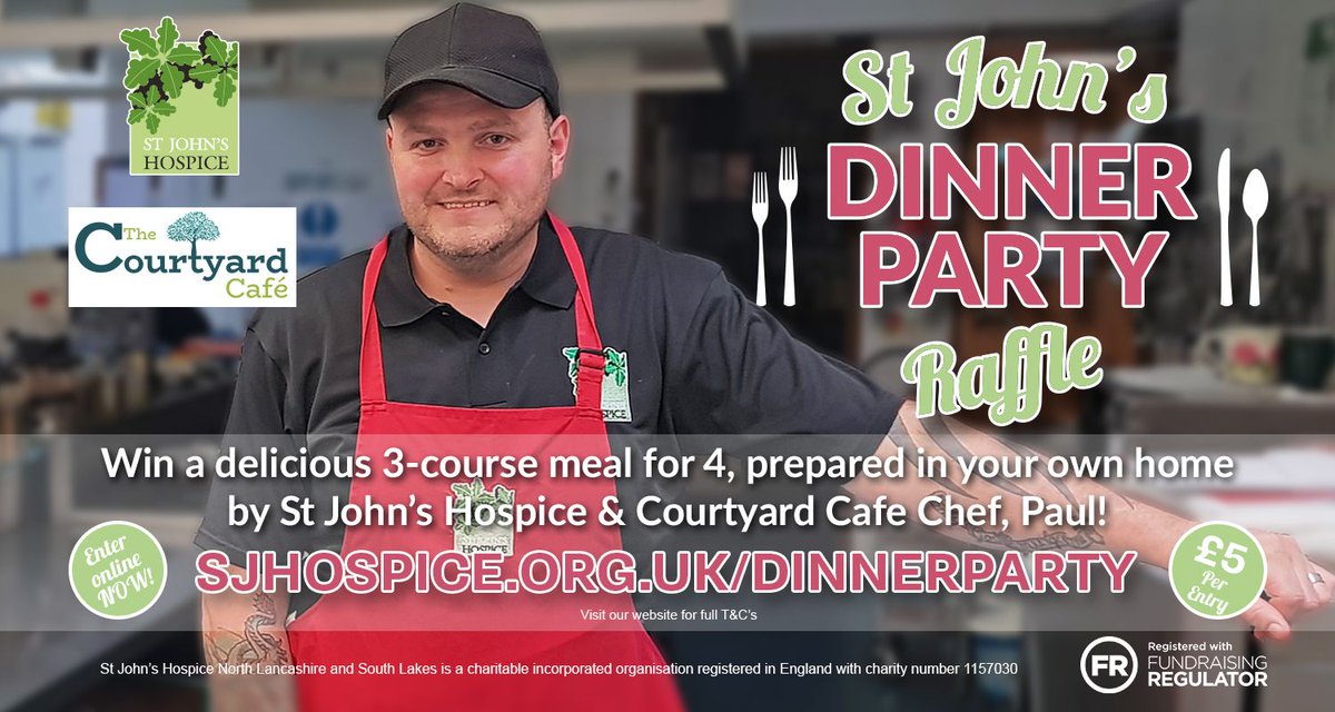 SJHospice's tweet photo. Would you like to enjoy a restaurant standard, 3 course meal, in the comfort of your own home? https://t.co/IICcQNDnAv
Enter the St John’s Dinner Party Raffle for a chance to win this delicious home dining experience kindly gifted by Hospice and Courtyard Café Chef, Paul Burns! https://t.co/N9MtvHW1JS