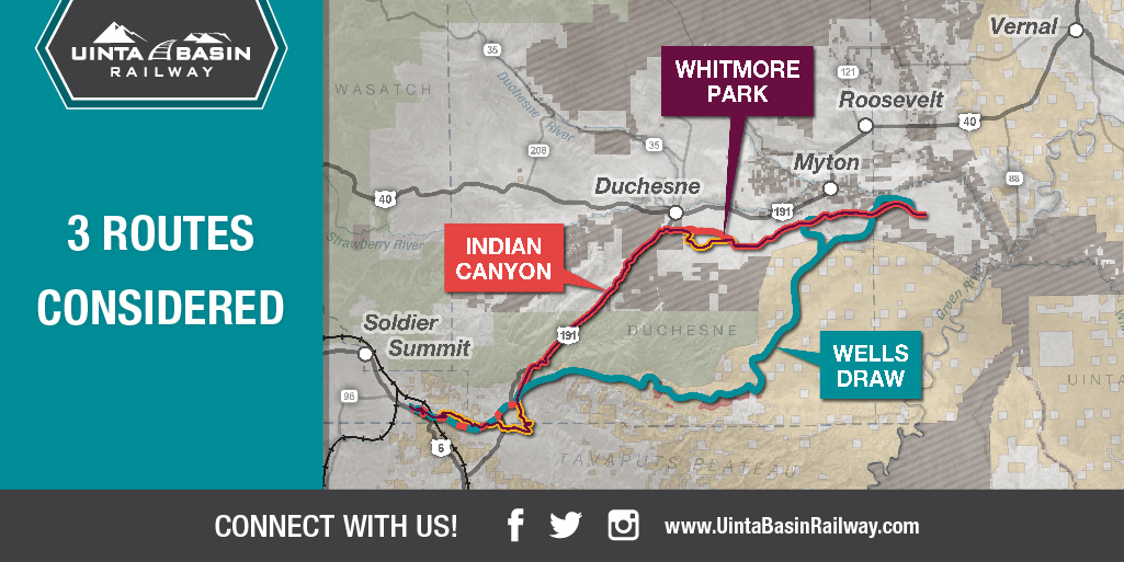 UintaBasinRWY's tweet photo. Which routes are the Surface Transportation Board (STB) considering as part of the Environmental Impact Statement (EIS)?

The routes that STB’s Office of Environmental Analysis will analyze in detail in the EIS are: Indian Canyon, Whitmore Park, and Wells Draw. https://t.co/2JyQVNz9I0
