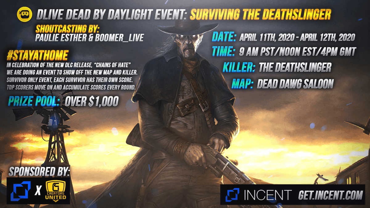 IncentLoyalty's tweet photo. Only d24 hours till PC Deathslinger tourney!

$1,000+ prize pool #DeadbyDaylight event
PaulieEsther1 and @Boomer_Live will be streaming live tomorrow
 on 
@OfficialDLive 
Go grab your free crypto!

Sponsored by 
@IncentLoyalty
 #staytrue https://t.co/AfentAHk6z