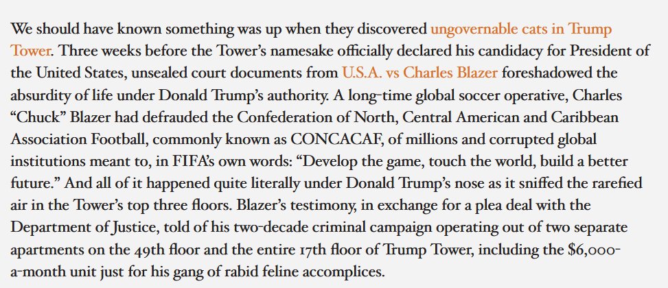 If you follow me, you won't be surprised to learn that Donald Trump lured Chuck Blazer & CONCACAF into renting space at the Trump Tower! Like a long line of criminals, it lead to his downfall. Trump properties come with a free financial colonoscopy! https://victoryjournal.com/stories/donald-trump-americas-first-soccer-president/