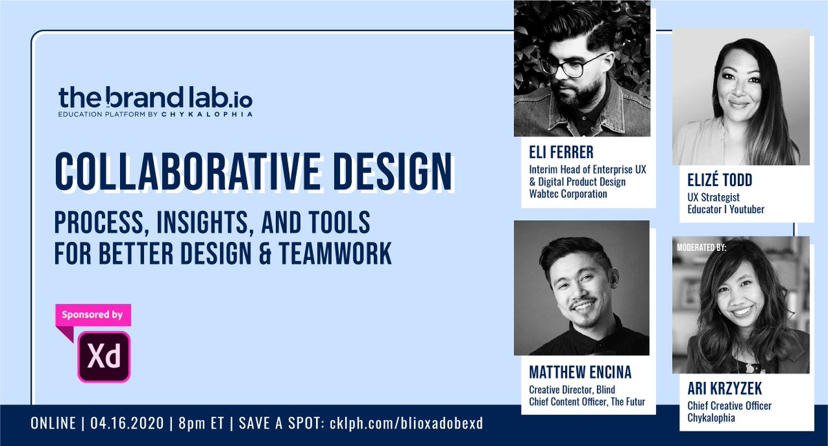 lizign's tweet image. I had plans to go to Chicago next week for an #AdobeXD partnered event w/ @chykalophia TheBrandLab.io
The event is now VIRTUAL on April 16th 7PM CT.  bit.ly/uxcollab2 
Title: Collaborative Design...  
Panelists: @ElizeTodd @EliGoldbleeps @matthewencina