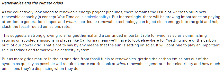 12/This also highlights the need for new resources. Storage isn’t a tomorrow problem, it’s a now problem. And diversifying renewable supply with more wind and geothermal can help clean up those dirty evening and nighttime hours. Good conclusion from  @WattTime below. END