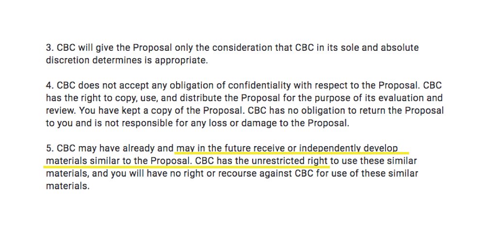 If you apply to CBC's UNSCRIPTED Innovation Stream, be aware that, according to the language in the application form, CBC has ability to develop ideas similar to your proposal in the future, and are under no obligation to inform, involve, or compensate you.