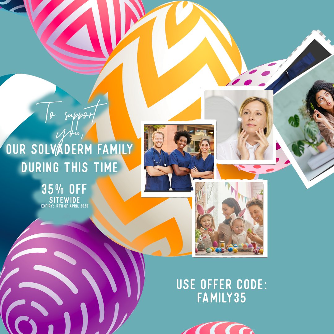 SOLVADERM's tweet photo. Easter is a wonderful time and, with the current challenges we face, it’s important that everyone has a reason to celebrate. As part of our Solvaderm family, we want to support you and, by offering 35% off all products sitewide, we hope your Easter is a little more special. https://t.co/qtO5QG3I87