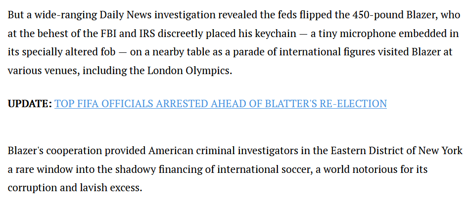 But lets turn back to what Chuck Blazer did...He got flipped by the FBI & then EDNY US Attorney Loretta Lynch because he had been caught in crimes by the FBI & IRS. In 2012, he was carrying a bugged key chain to the London Olympics to meet with his co-conspirators & friends!