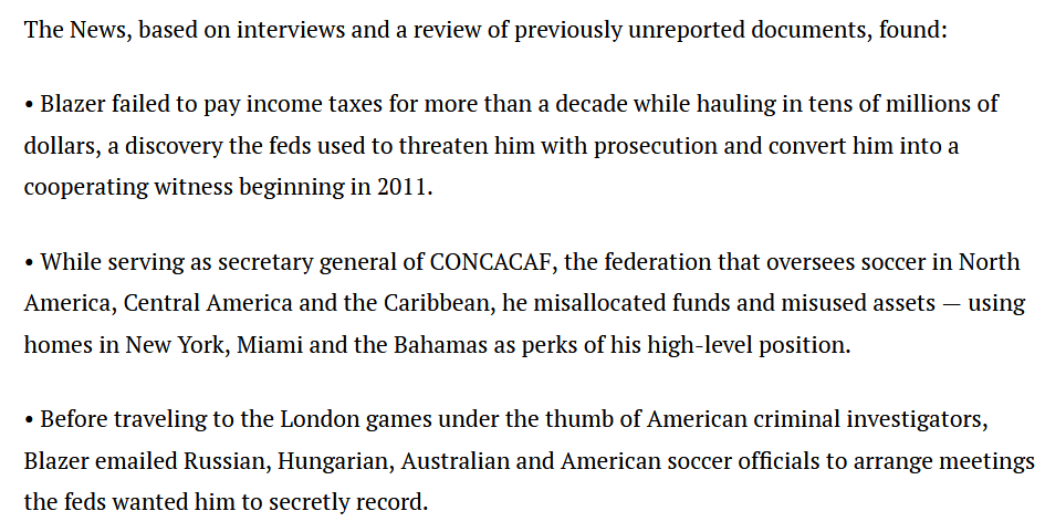 Blazer's tax evasion was his weak link. I wonder if his financial records to Trump Tower didn't match what he was sending to the IRS? He was also embezzling money from CONCACAF & laundering it for his own use!