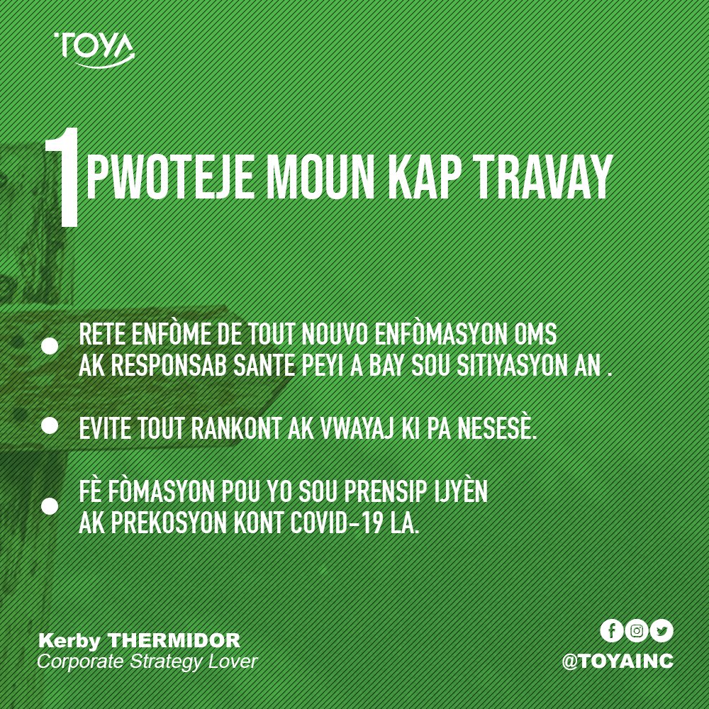 toyainc's tweet photo. 7 FASON ON BIZNIS KA SIMONTE KRIZ KOWONAVIRIS LA

Kriz kowonaviris la touche mond lan nan on nivo san parèy li lakoz anpil sektè ap fonksyone an ralanti. 

Chak jou ki pase ris pou yon biznis pa egziste ankò nan 6 mwa kap vini yo vin pi wo. https://t.co/Cpx8aFIv1H