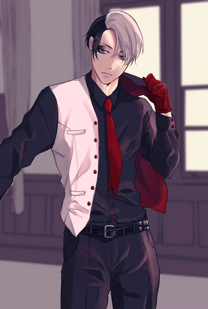 1boy male focus necktie gloves red gloves solo two-tone hair  illustration images