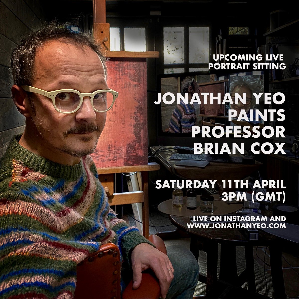 ProfBrianCox's tweet photo. My friend @RealJonathanYeo is going to paint a portrait of me over the next week or so via FaceTime - so if you're interested in hearing us waffle on or interested in portrait painting, might be fun :-) Starts tomorrow with livestream at 3pm: details at  https://t.co/ORn3MIhIHT https://t.co/hN01IA4uJ4
