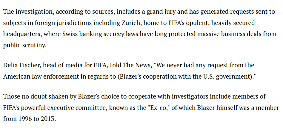 Blazer has died of cancer since his indictments, so he is no longer around to testify about what happened during his decades of corruption.What was one of the main means of hiding this FIFA corruption? Swiss bank secrecy laws, but those were broken with a DOJ agreement w banks.