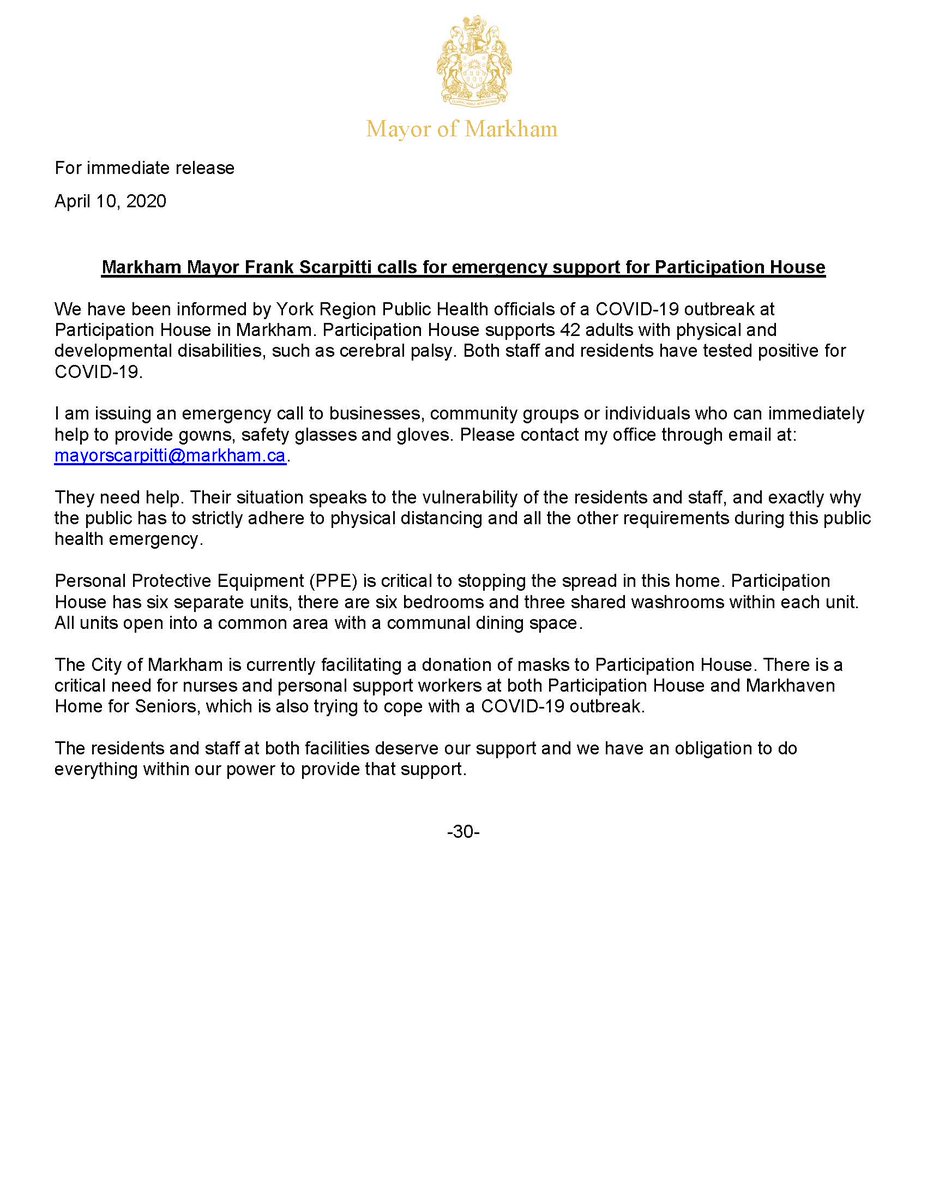 STATEMENT: I am calling for emergency support for Participation House in Markham, which cares for people living with disabilities. The home is in the midst of a #COVID19 outbreak and Personal Protective Equipment is urgently needed.