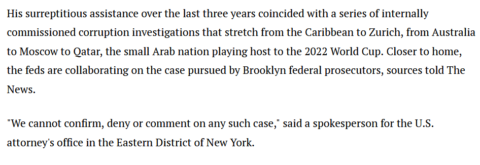 So from some time in 2011 until late 2014, Blazer was gathering evidence against Russians & Qataris rigging the bidding for the World Cup hostings. Yet those cases still have not lead to direct indictments, this is the first case claiming a direct connection.