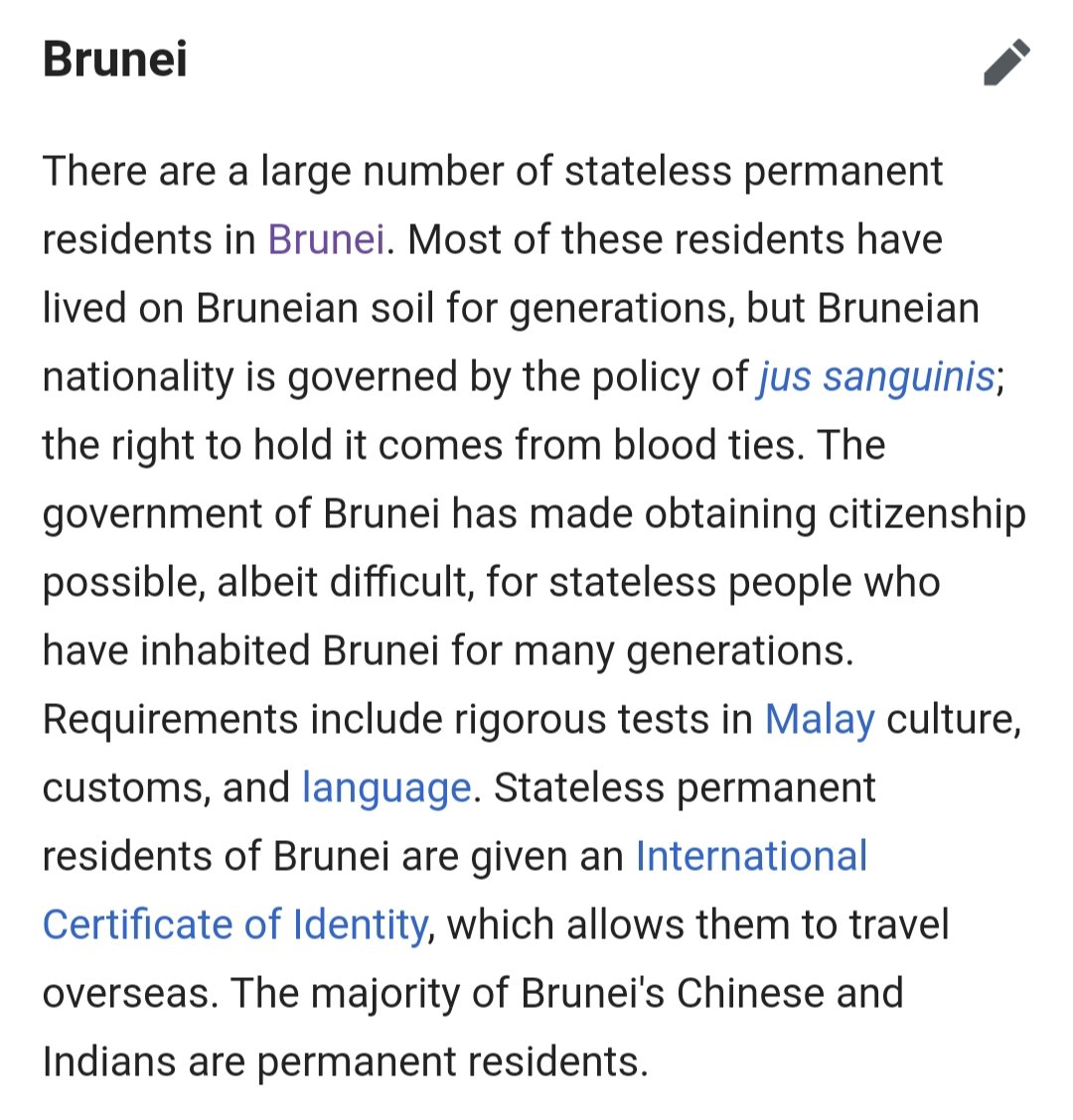 Status mereka hanya "Permanent Resident" dan bukan Warga Negara Brunei.  https://en.m.wikipedia.org/wiki/Statelessness#Brunei