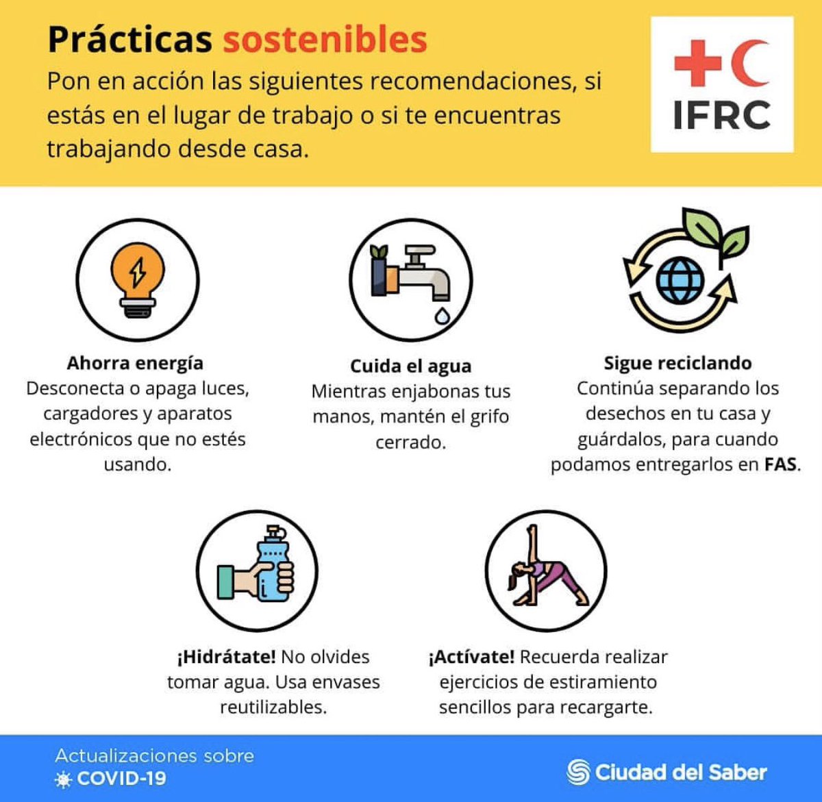 CiudaddelSaber's tweet photo. Reiteramos a nuestra comunidad que las instalaciones de @faspanama se encuentran cerradas hasta nuevo aviso por la cuarentena.
Te invitamos a seguir las práctias sostenibles en colaboración con @ifrc_es que puedes seguir realizando desde casa. 
#FCdSsostenibles https://t.co/KmD6gV1GOV