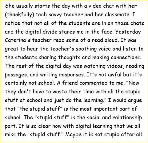 From a friend (who is also a teacher colleague and a parent) about her younger fourth-grade daughter’s digital school experience.
