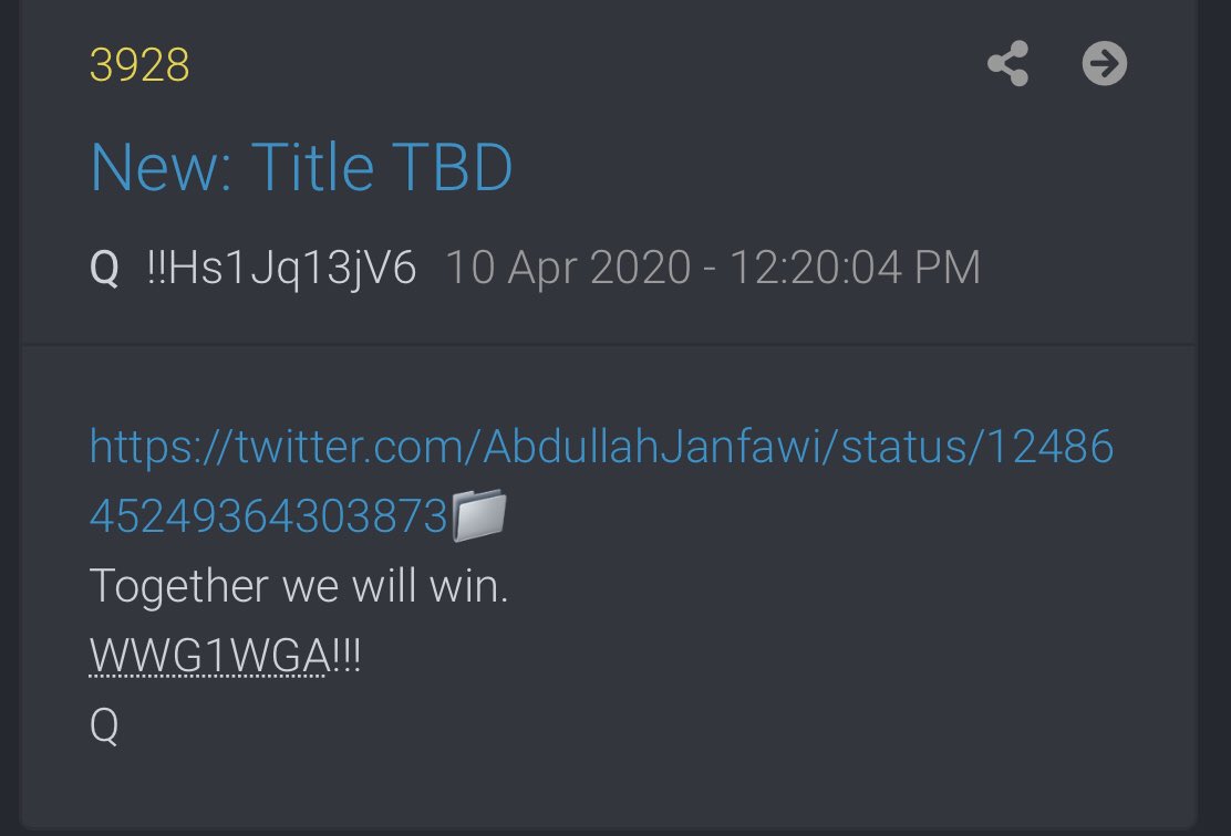  #QAlert 4/10/20 Q3928 https://twitter.com/AbdullahJanfawi/status/1248645249364303873Together we will win.WWG1WGA!!!Q @POTUS  #QArmy  #QAnon  #WWG1WGA