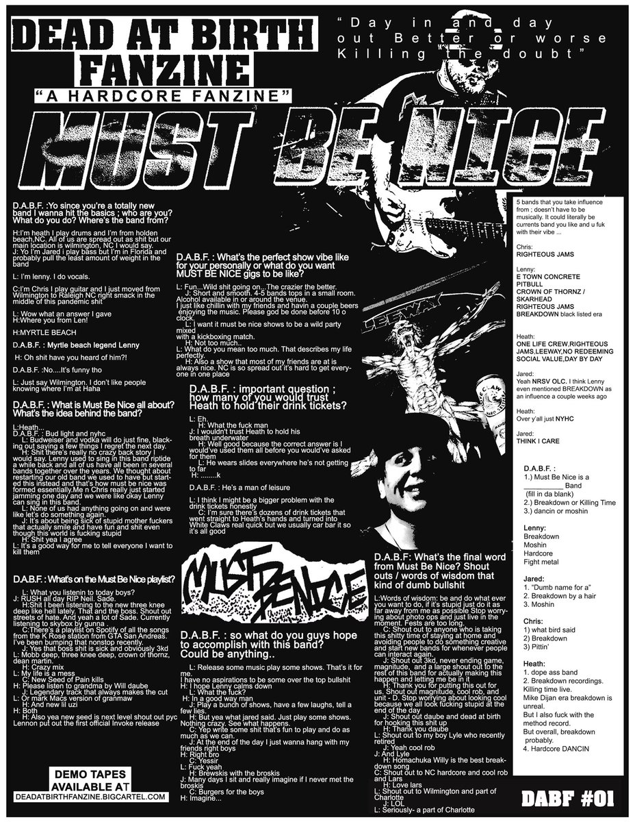 Check it out. My new band Must Be Nice just released 5 tracks today streaming everywhere!FFO: hardcore. Pre order at tape at deadatbirthfanzine.bigcartel.com   Mustbenicehc.bandcamp.com Mustbenicehc.bandcamp.com Mustbenicehc.bandcamp.com