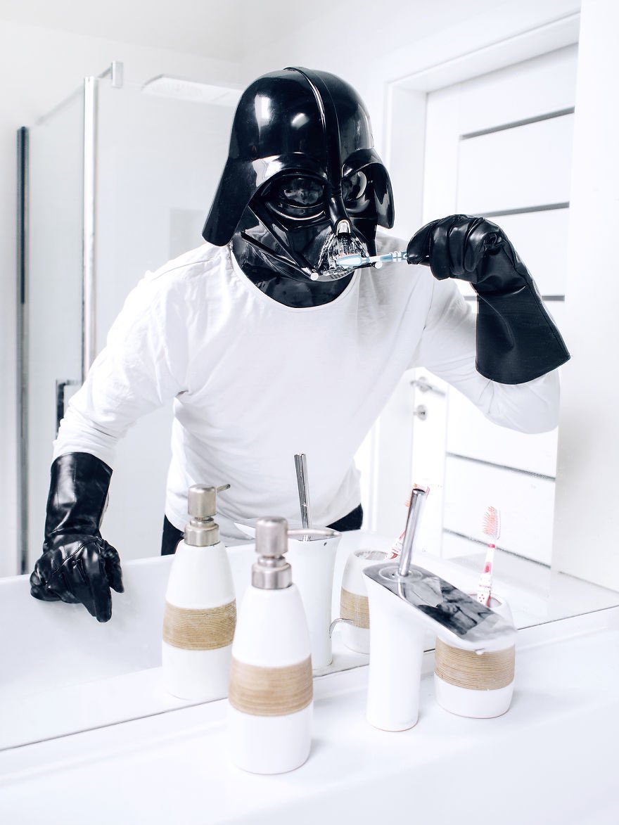 People always ask me what the toughest part of being Vader is.Is it the breathing? The memories of my lost love? My constant suffering and rage in an endless torment as the Dark Side twists my very soul?Nah, it’s brushing my teeth.Still can’t figure this out. 3/