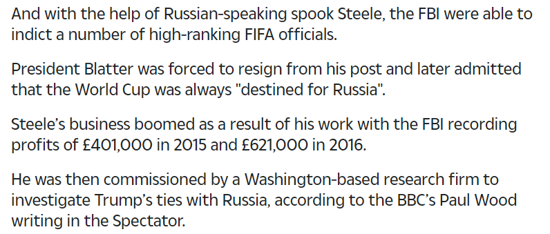 In 2010, British soccer interests hired  #Spygate star Christopher Steele to help investigate Russian corruption efforts as London hoped to host the 2018 World Cup. In 2010, Steele met with FBI's Mike Gaeta who ran the Eurasian organized crime TF.  https://www.thesun.co.uk/news/2604626/christopher-steele-fifa-sepp-blatter-russia-world-cup-2018/