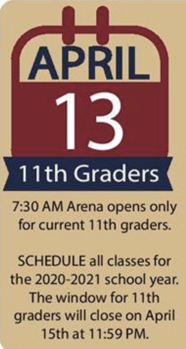 kevinwsamples's tweet photo. Attention Current Juniors, soon to be 2021 Seniors @Rockwall_HS Arena scheduling opens Monday at 7:30 a.m. https://t.co/9WPCOnmLWA