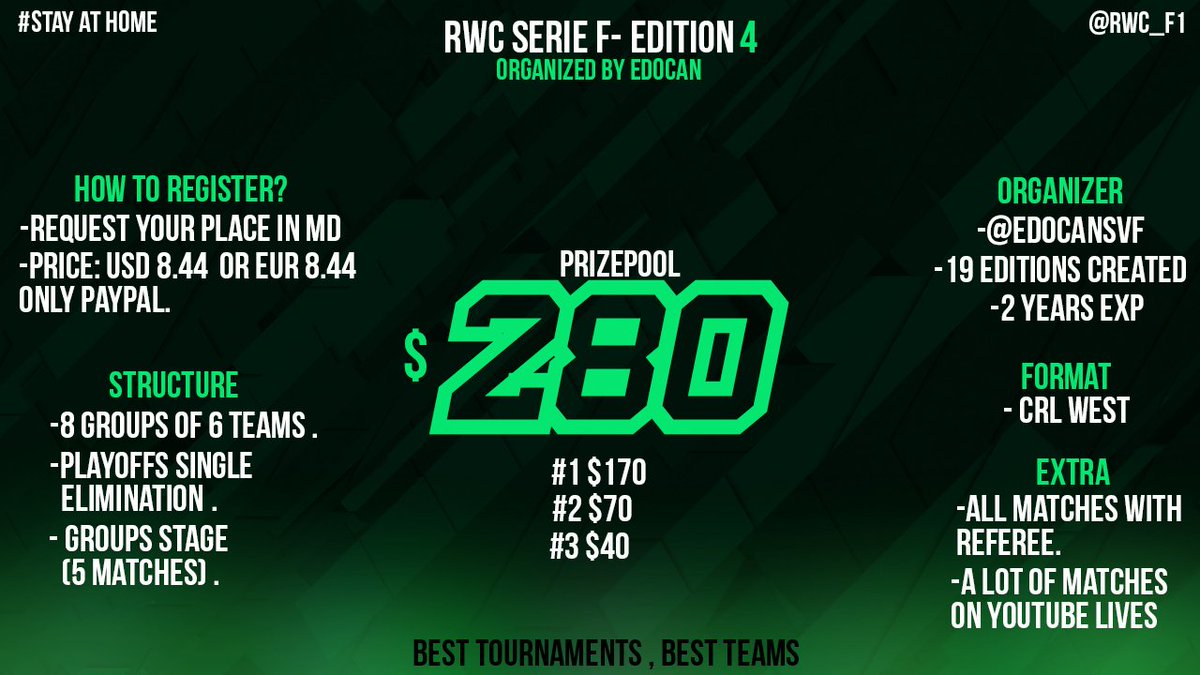 #Inscriptions | 4th Edition

✅Open inscriptions for this Fourth edition of the F series , we join the cause #StayAtHome  and the bring you a new Edition.✅

💵PRIZEPOOL: USD 280 
💰Price: USD or EUR 8.44

Referee in all matches
🌎🌍 Latam and EU

Organizer <a href="/EdocanSVF/">EDOCAN 🇻🇪</a>