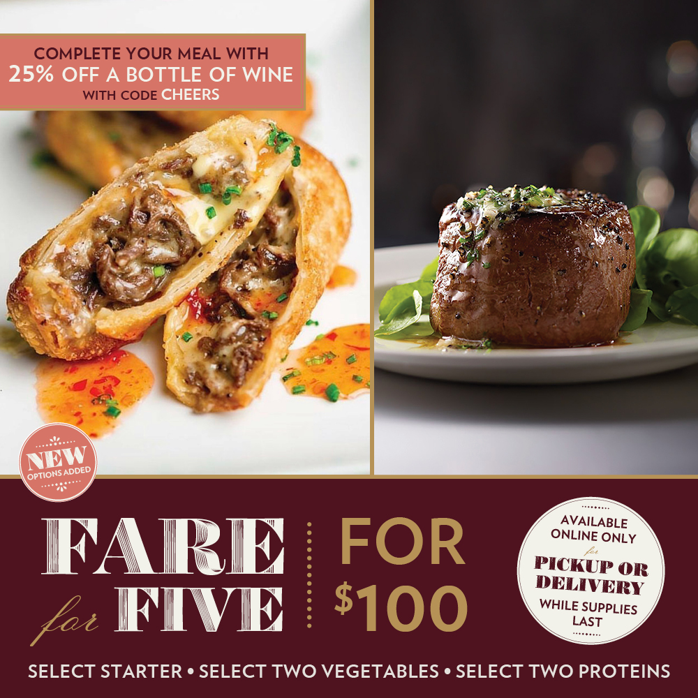 Enjoy Cheesesteak Eggrolls included in Fare for Five, this weekend only! Choose 1 appetizer, 2 proteins &amp; 2 sides for $100. Feeds up to five people. Available for delivery or curbside pickup at order.sullivanssteakhouse.com while supplies last. (Served as catering-pan sized entrees.)
