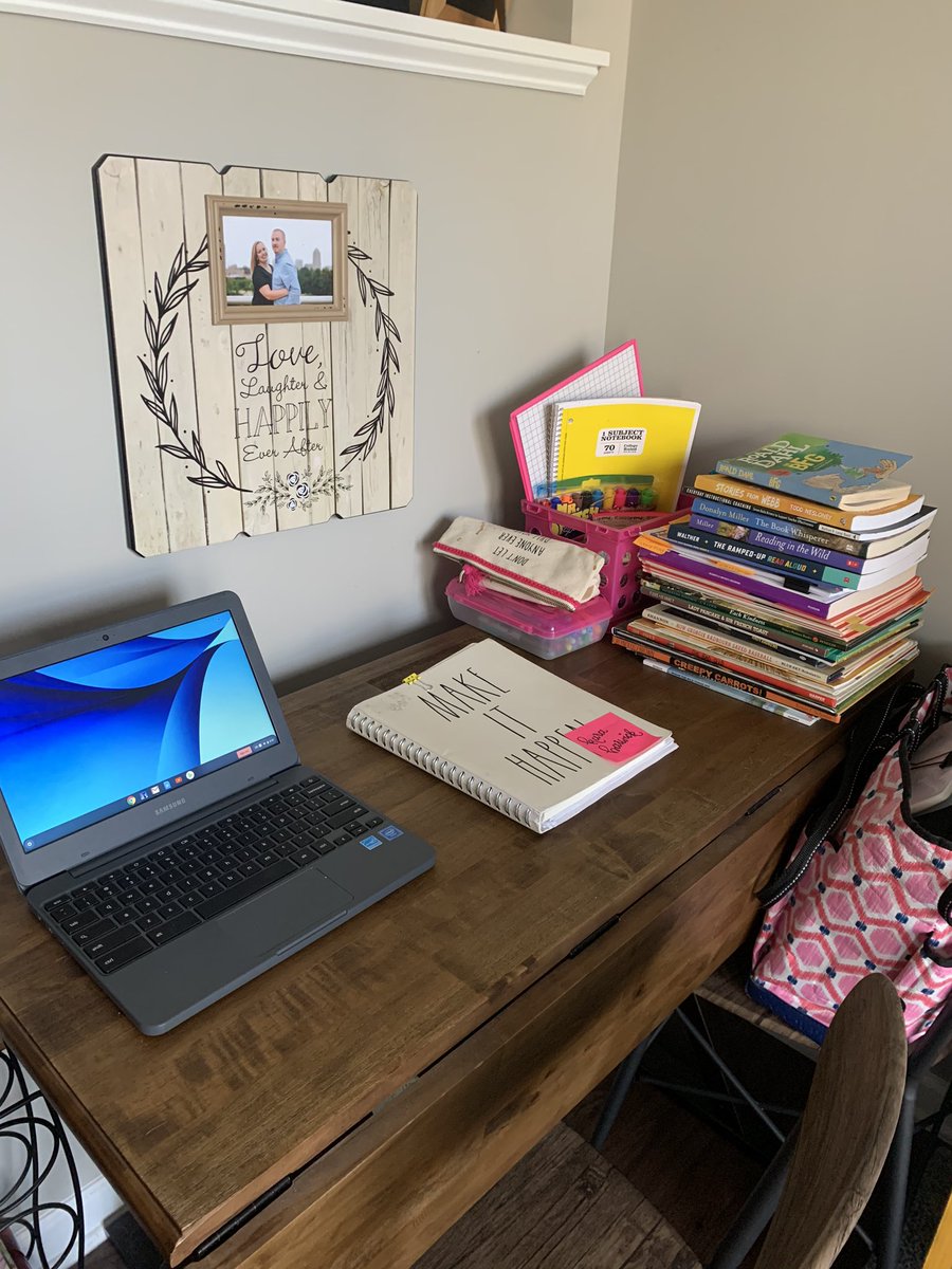 Barwick3rdgrade's tweet photo. #FCSRemote My new teaching area &amp; little co-worker 😊 @FCSchoolsNC https://t.co/NM4vK8o9cc