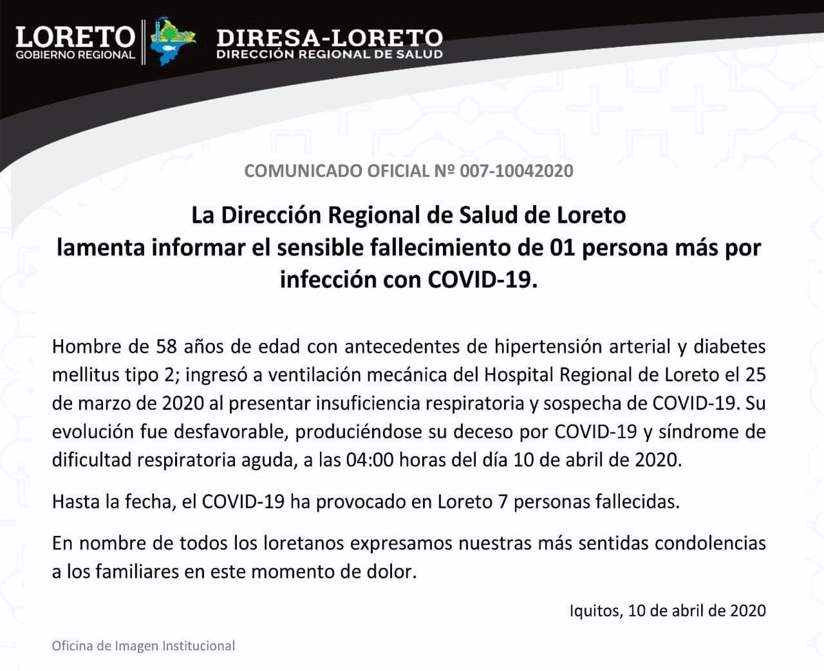 raborg17's tweet photo. #Loreto | Se elevan a 07 las cifras de muerte por #Covid19 en #Iquitos.

Fuente: Diresa Loreto. https://t.co/yna6RKB3DK