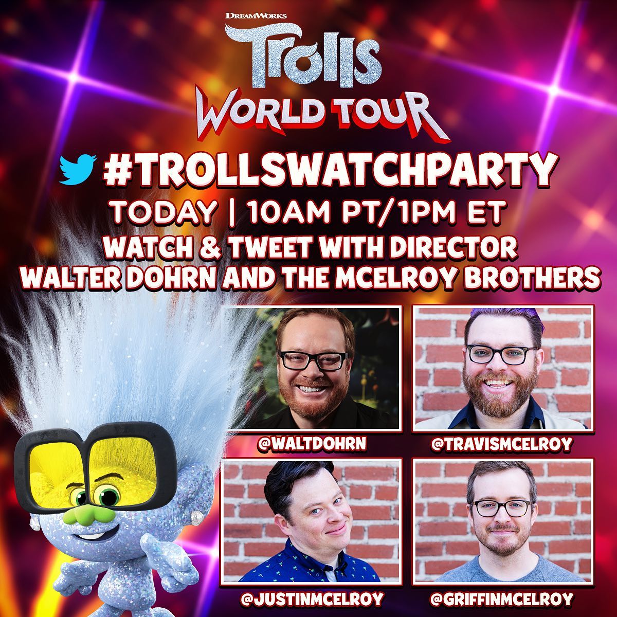 Join the Twitter watch party! Join us at 10AM PT/1PM ET! #TrollsWorldTour is now available to watch at home on demand:  bit.ly/WAGTrollsPremi…