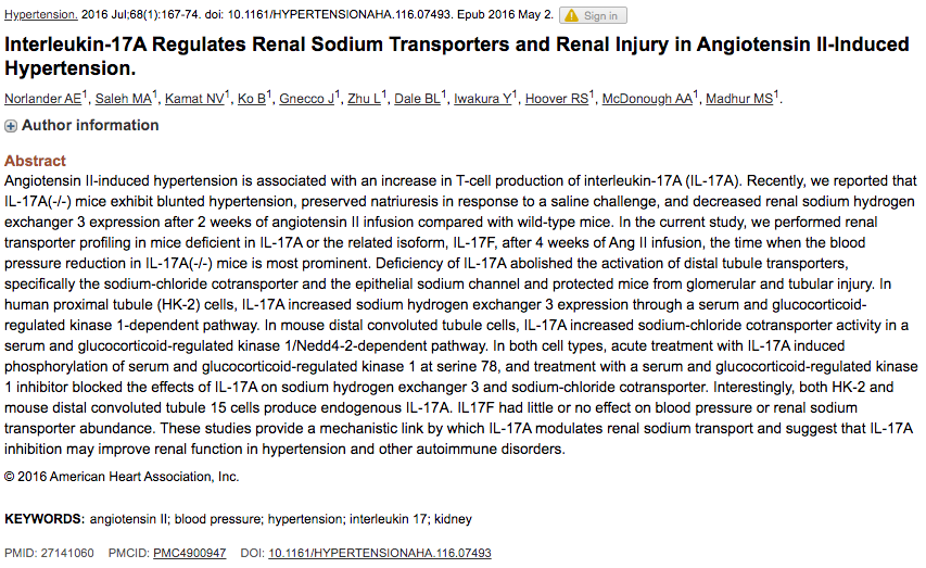 6/Close relationship of hypertension/kidney disease/diabetes, so some overlap in refs2)hypertensionIn short, Angiotensin II (produced by ACE) leads to elevated IL-17A & inflammation and hypertension. Targeting IL-17A lowers blood pressure.PMID 29952002 (recent review)