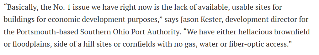 4/ So let's talk about "economic development" and land use. Highways are always touted as tools of economic development. But let's think about what this quote from the Port Authority means. Take note of the phrase "hellacious brownfield" and reference to utilities.