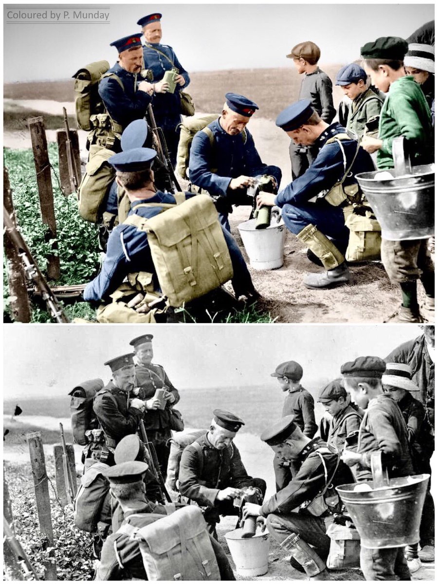 ChampagneCdo's tweet image. #RoyalMarines from the Royal Marine Artillery, refilling their water bottles with the help of locals, Ostend, Belgium, 1914. Colourised by me.

@RoyalMarines @RoyalMarinesMus @TheWFA #History #colourised