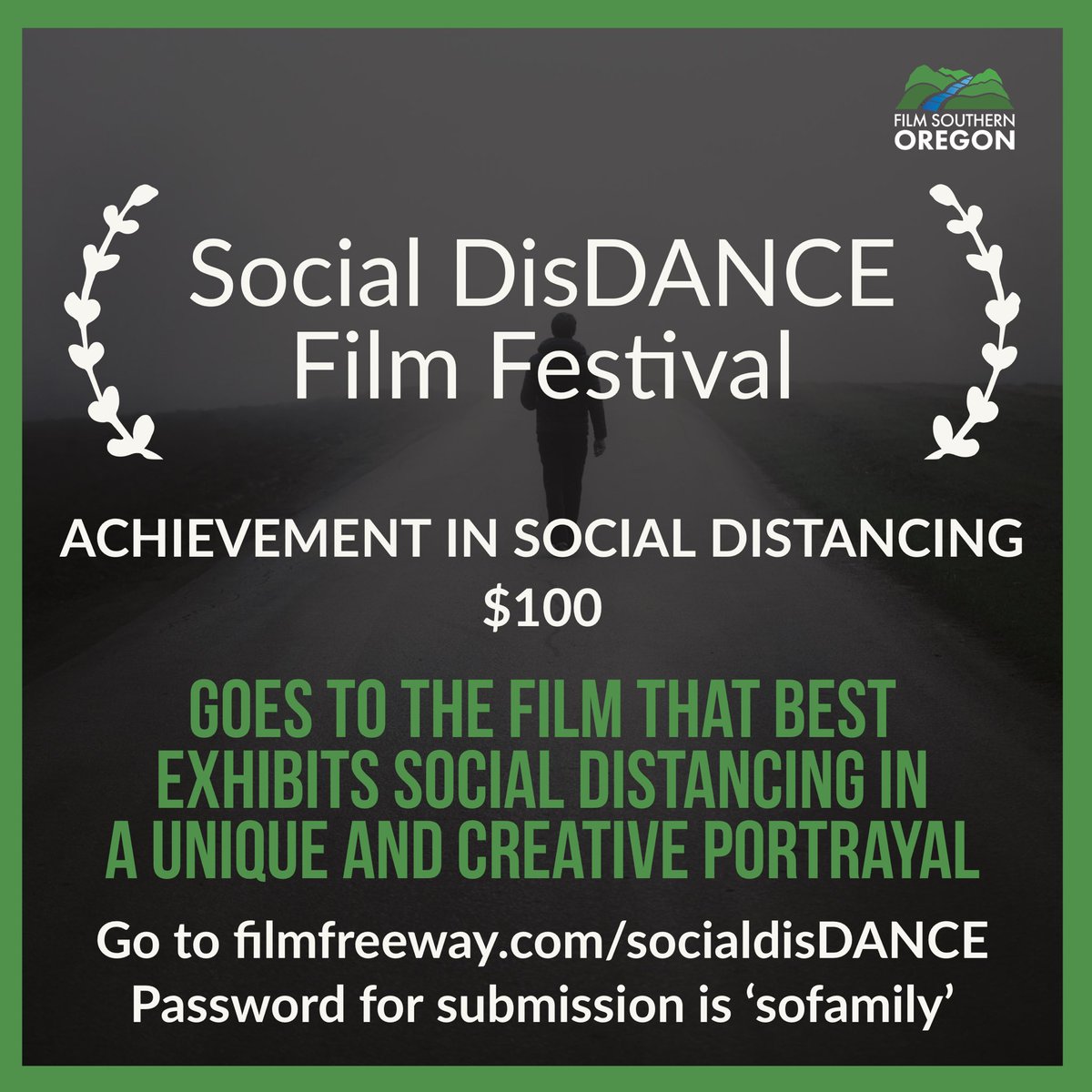 Submissions for the Southern Oregon Social disDANCE Film Festival are in full swing. There are 4 $100 prizes available including Achievement in Social Distancing, a film festival first (as far as we know). 

Go to filmfreeway.com/socialdisDANCE.

Password for submission is ‘sofamily’.