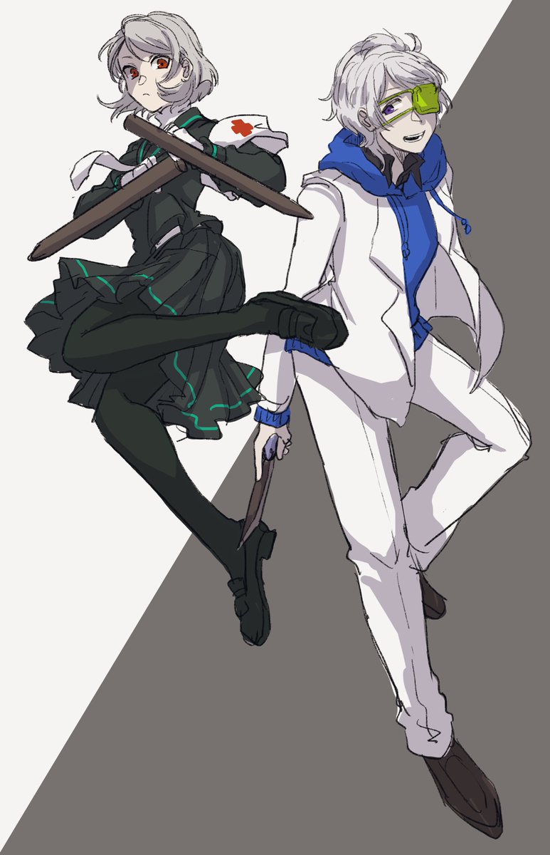 その昔学生戦争の診断で作った黒軍の紗夜と白軍の花原 やぎのイラスト