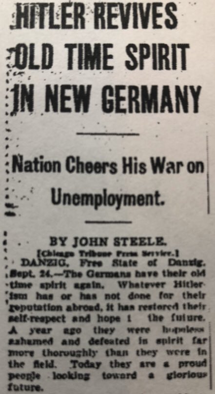 Chicago Tribune reporting from Germany on September 25, 1933. “Today they are a proud people looking toward a glorious future.”