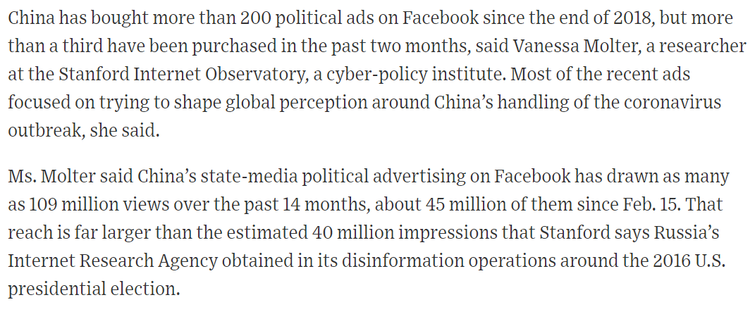 Vanessa's research shows that there has been a huge COVID-related paid push by Chinese state-media on Facebook over the last three months, eclipsing the reach of *years* of Internet Research Agency ads from Russia. https://cyber.fsi.stanford.edu/io/news/chinese-state-media-shapes-coronavirus-convo