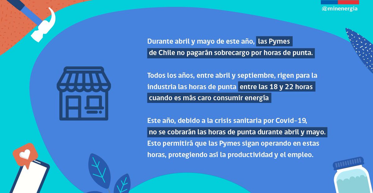 MinEnergia's tweet photo. Queremos ayudar a las Pymes de Chile para que sigan produciendo y protegiendo el empleo 💪🇨🇱 La suspensión de las “horas de punta” durante abril y mayo permitirá que sigan trabajando en horas donde es más caro consumir energía ✅ 

#EnergíaContigo https://t.co/IJSbZI6Ae5