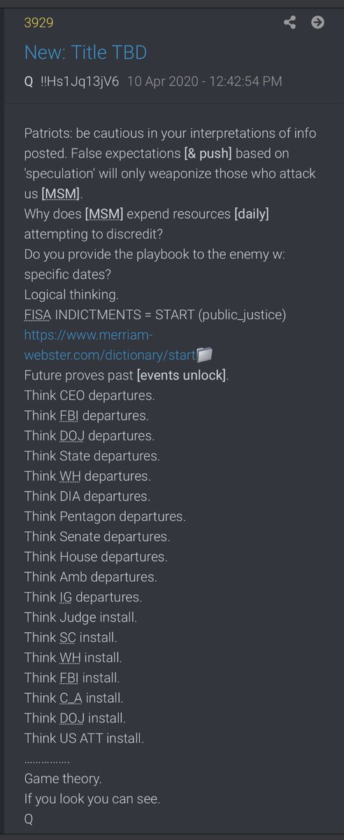   #QAlert 4/10/20 Q3929Patriots: be cautious in your interpretations of info posted. False expectations [& push] based on & #39;speculation& #39; will only weaponize those who attack us [MSM].Why does [MSM] expend resources [daily] attempting to discredit? https://www.merriam-webster.com/dictionar... class=