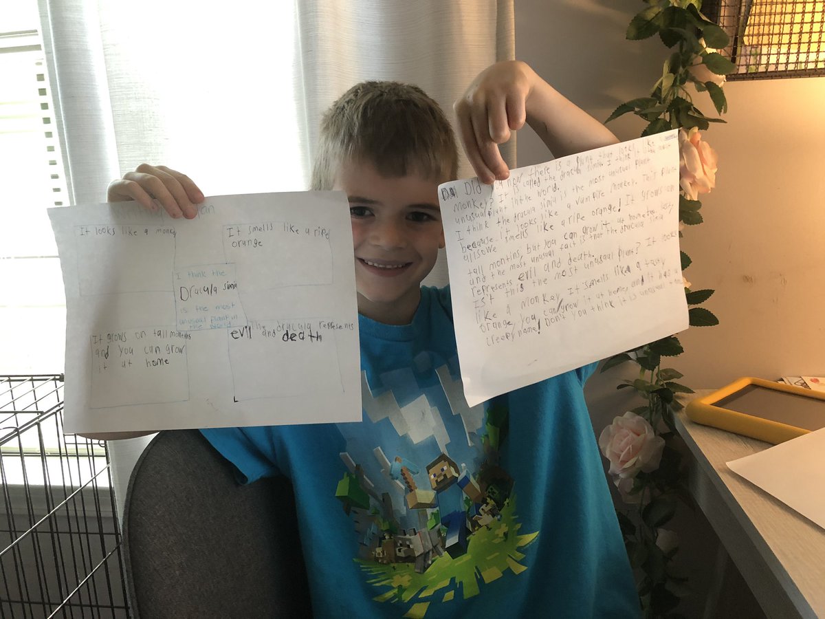 emily_shuff's tweet photo. My reluctant writer finished the writing assignment this week with - big smile! π₯³ He said he wants to get a book about this plant when he gets back to school to learn more! Thank you @TweetDCS_LPS for helping our kiddos learn while we are at home!! β€οΈ @brightbunch20 https://t.co/j9MnGEYOWm