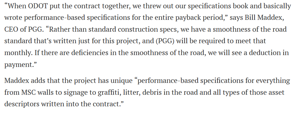 10/ Finally, lets talk about budgets and recessions. P3s force gov. to think about long-term performance. This benefit should be weighed against the inflexibility that it creates during an economic downturn. The Portsmouth Bypass availability payments are locked in for decades.