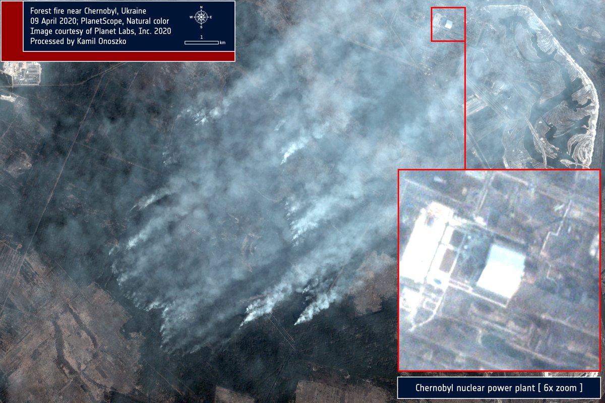 Imágenes del incendio en los bosques cercanos a la central nuclear de Chernobyl. Imágenes de  @planetlabs preparadas por  @Onosz