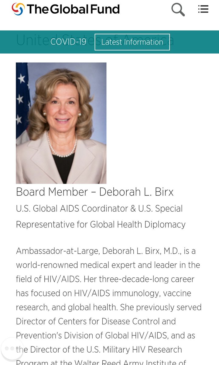6. Ambassador Deborah Birx, who is on the White House Coronavirus Task Force, but is also is a Board Member of the Global Fund, which has received $2.7 BILLION dollars in donations from the Bill and Melinda Gates Foundation.