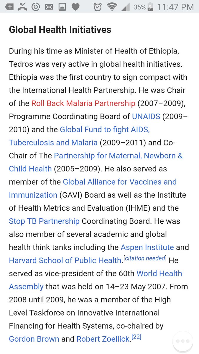 12. Tedros Adhanom Ghebreyesus, WHO General Director2009 -member ofthe High-Level Task Force for Innovative Financing forHealth Sys, co-chaired by World Bank PresidentZoellick/UK PM G Brown.Also served as member of the GAVI Board and the Inst of Health Metrics & Eval Board